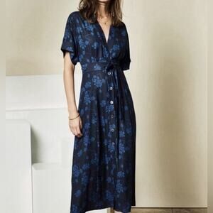 EQUIPMENT Femme Nauman Floral V-Neck Button Front Midi Dress Eclipse Blue Size 2